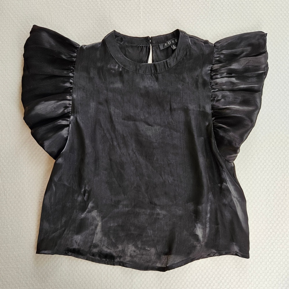 FORE Womens Black Satin Shimmer Ruffle Flutter Sleeve Blouse Keyhole Top S Femme